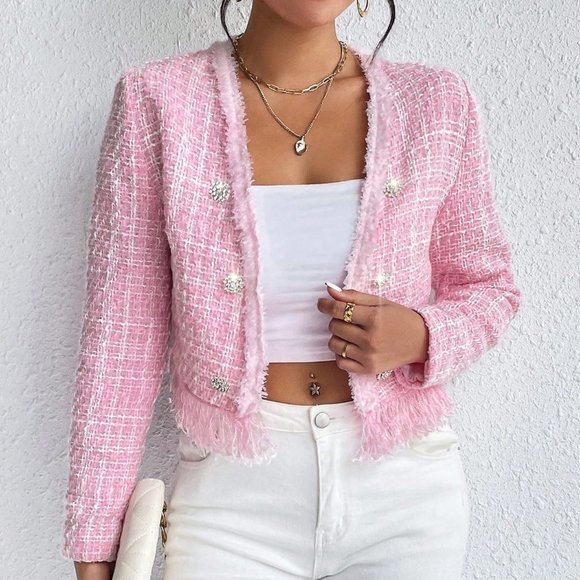 Pink Casual Womens Raw Trim Double Breasted Tweed Overcoat - Picture 2 of 5